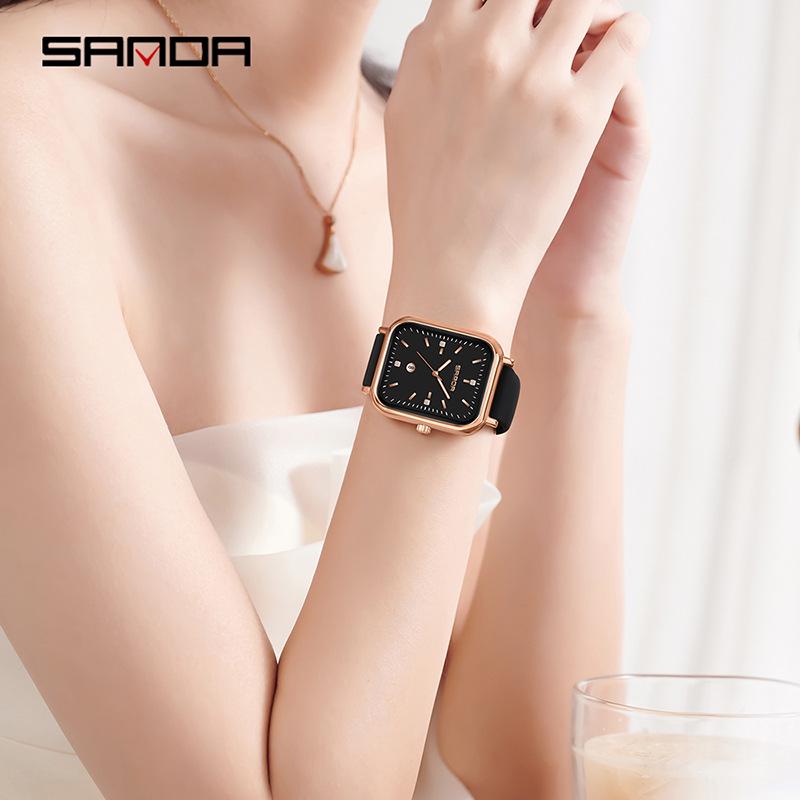 Sanda Quartz Retro Square Watch: Simple Bar Index, Calendar, Waterproof, Business Casual, Unisex Strap