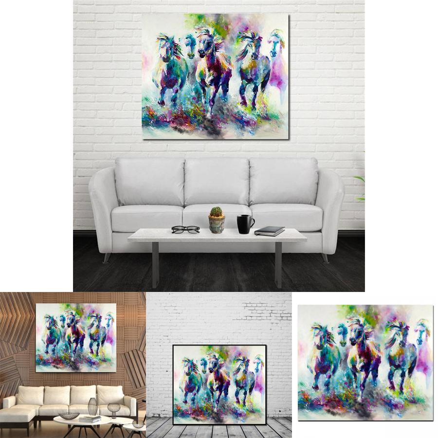 Modern Animal Art Canvas Wall Hanging For Living Room Decor With Abstract Colorful Horses
