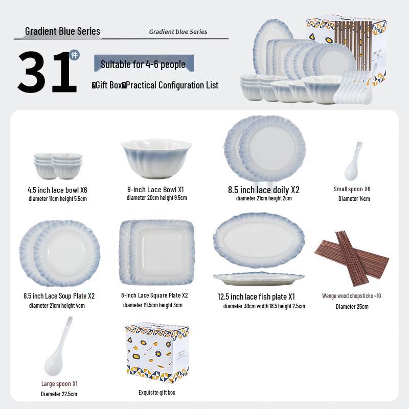 WA Gradient Blue Ceramic Dinnerware Set, 31-Piece