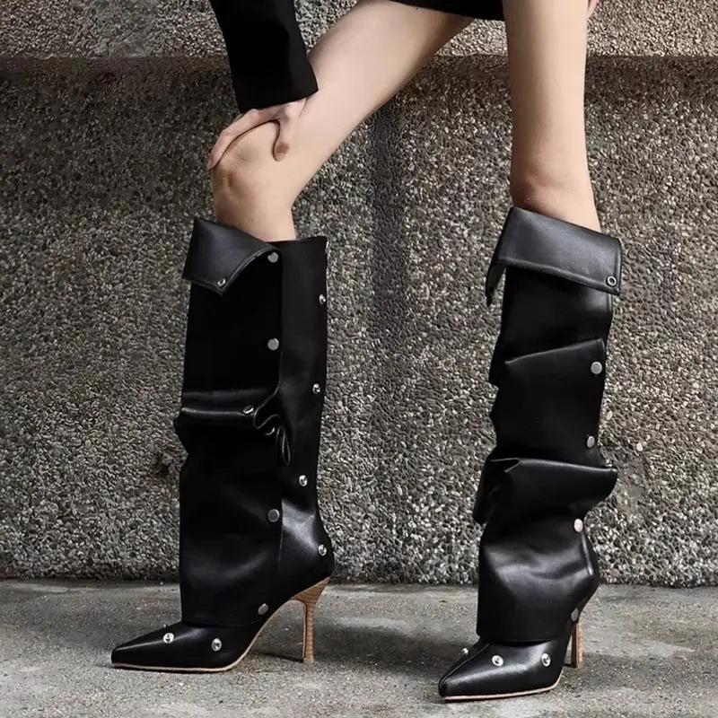 Sexy Pointed Toe High Heel Denim Y2K Long Boots Women  Winter Punk Black Knee High Boots Metal Decoration Designer Shoes