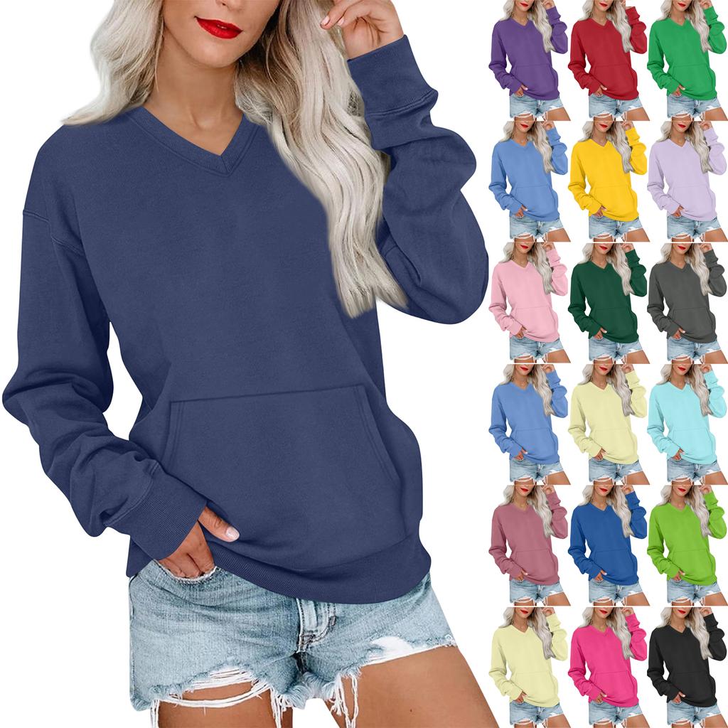 Women's Casual Fashion Solid Color V-Neck Long Sleeve Sweatshirt Lightweight Pullover With Pockets Warm Sweatshirt