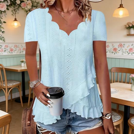 Women Tops V-Neck Short Sleeve Jacquard Decoration Pure Color Loose Fit Pullover Tops Work Party Vacation Casual