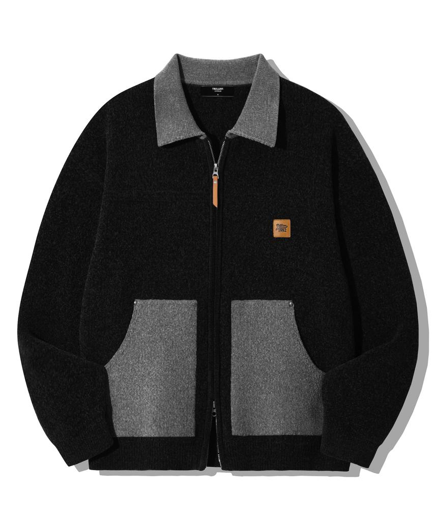 TRILLION Color Work Collar Zip-Up Knit Jacket [Black]