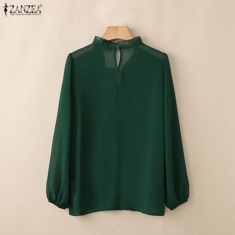 ZANZEA Women See-Through Casual V-Neck Solid Color Loose Long Sleeve Cover Up Blouse