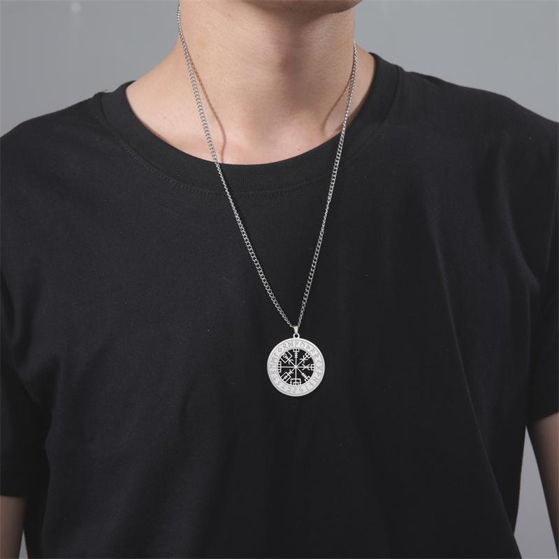Vintage Viking Rune Compass Pendant Necklace for Men Stainless Steel Jewelry Gifts Collar Hombre Amulet Accessories