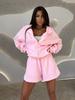 Completo sportivo casual europeo e americano, cardigan con zip a manica lunga tinta unita, pantaloncini da donna con laccetti, completo due pezzi