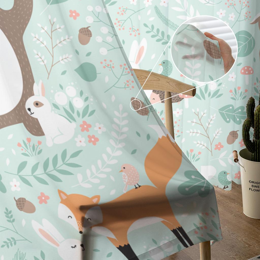 Forest Animal Cartoon Fox Deer Bear Tulle Sheer Window Curtains for Living Room Kitchen Children Bedroom Voile Hanging Curtain