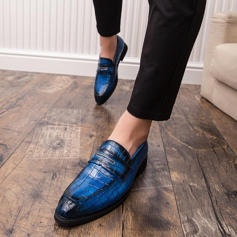 

Мужские мокасины кожаные туфли уличный стиль ретро деловой свадебный наряд выпускной блейзер смокинг праздничная обувь большой размер EU:45 синий