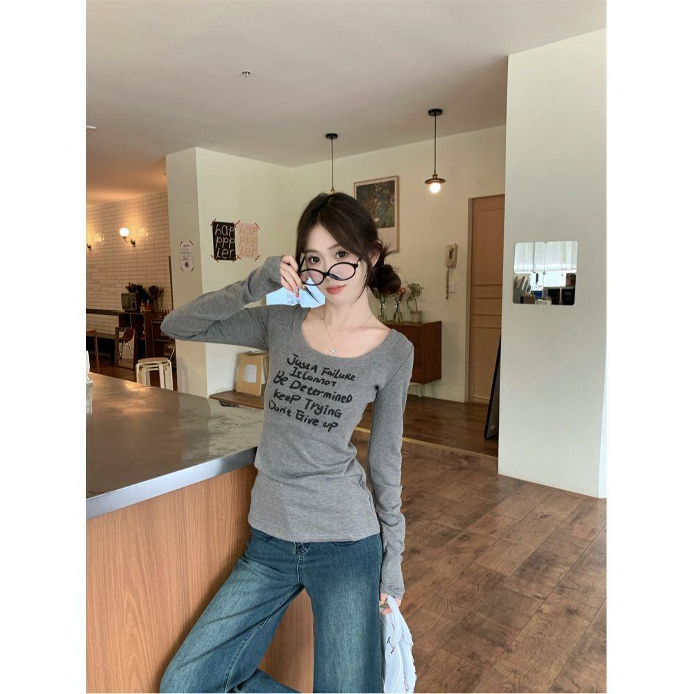 Women's Retro Slim Fit U-Neck Long Sleeve T-Shirt - Early Spring Base Layer