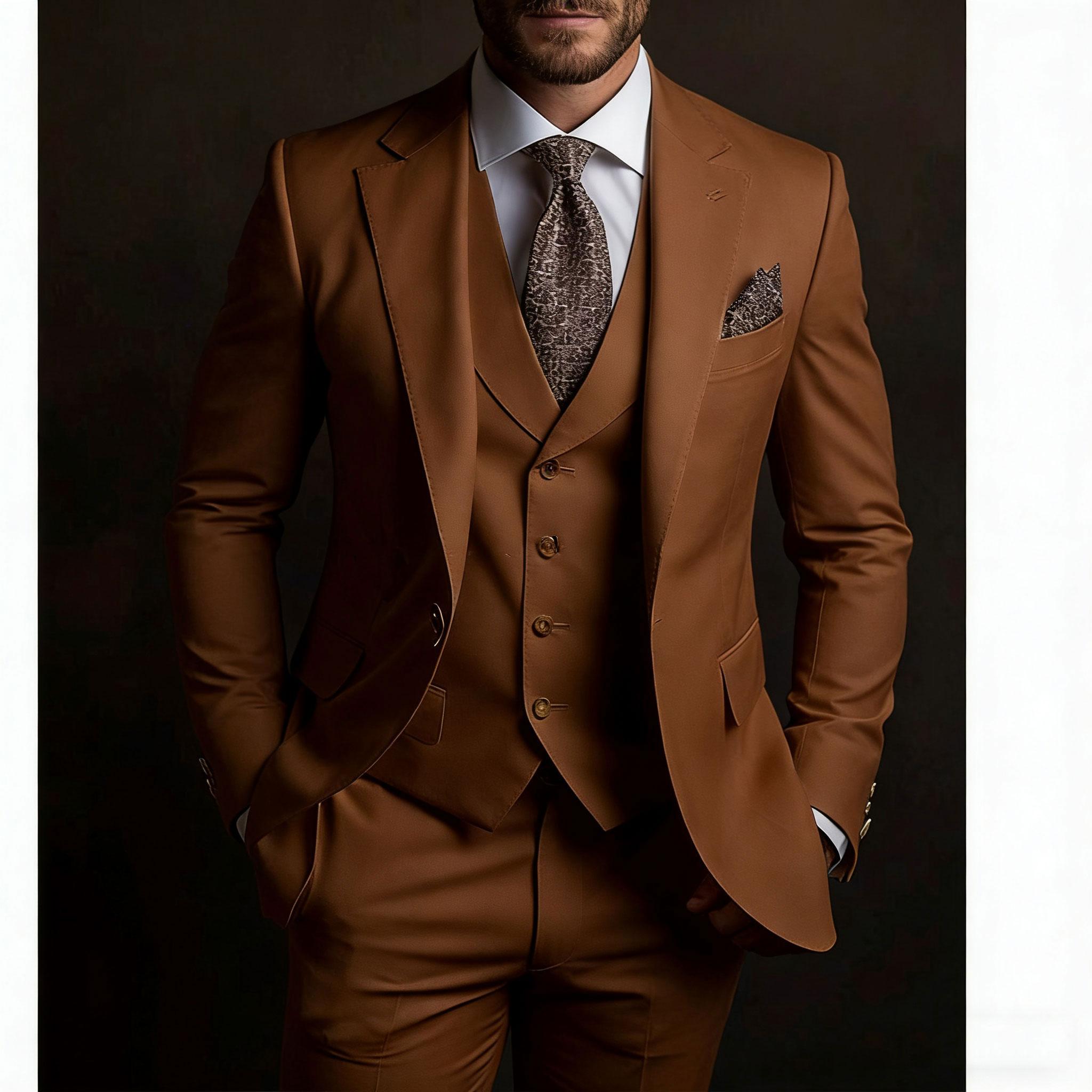 

Високоякісні чоловічі костюми 3-piece Піджак Штани Жилет Slim Fit Вбрання для випускного вечора Вечірки На замовлення 2025 Розкішний Блейзер Індивідуальний пошив L коричневий