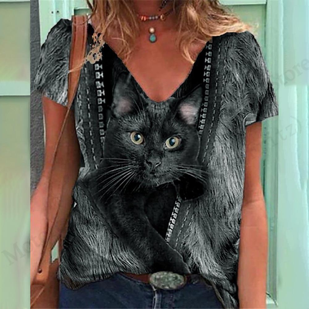 Summer V-neck 3D Cat Pattern Printed Top Fashionable Casual Short Sleeved Women's T-shirts