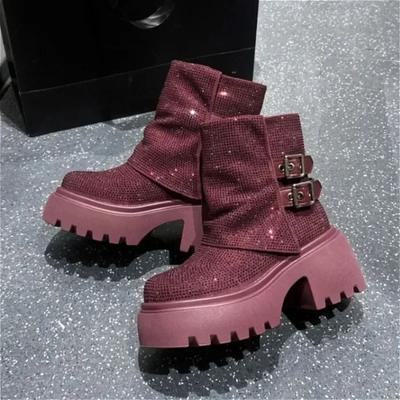 Luxury Crystal Ankle Platform Snow Boots Fashion High Heels Plush Shoes Winter 2025 Trend Warm Goth Chelsea Chunky Botas Mujer