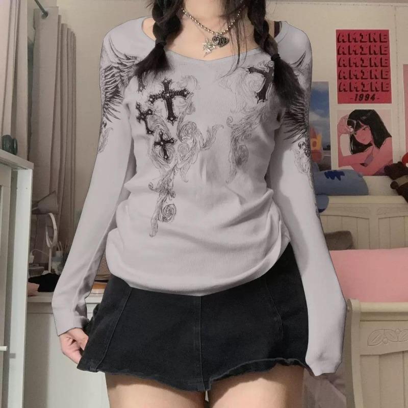 2KWEIRD 2000s Aesthetic T Shirt Graphic Cross Wings Print Long Sleeve Tops Y2k Women Clothes Fairycore Grunge Tee Streetwear