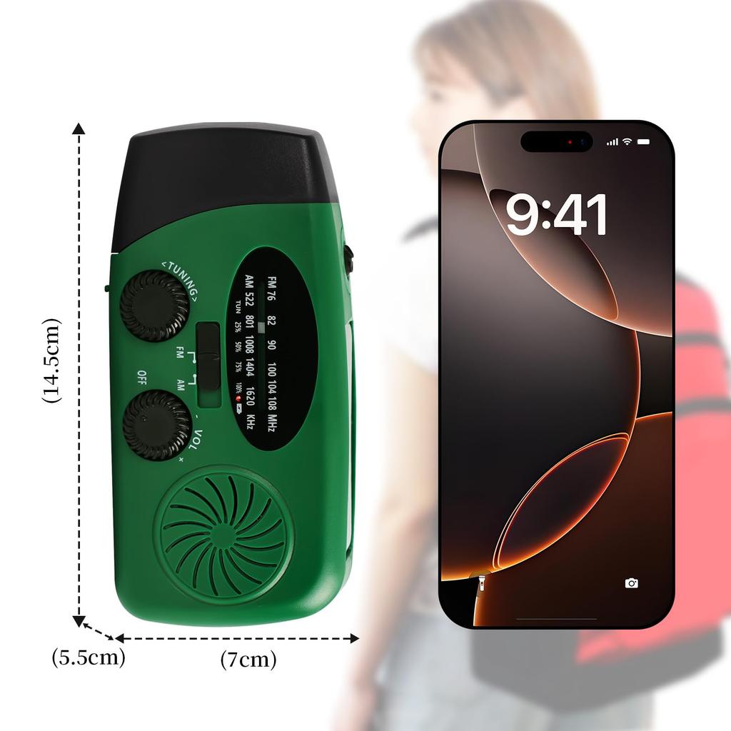Multifunkční nouzové rádio s baterkou, přenosné s vysokou kapacitou 6000 mAh, nabíjení smartphonu, nabíjení klikou, solární nabíjení, LED světlo,