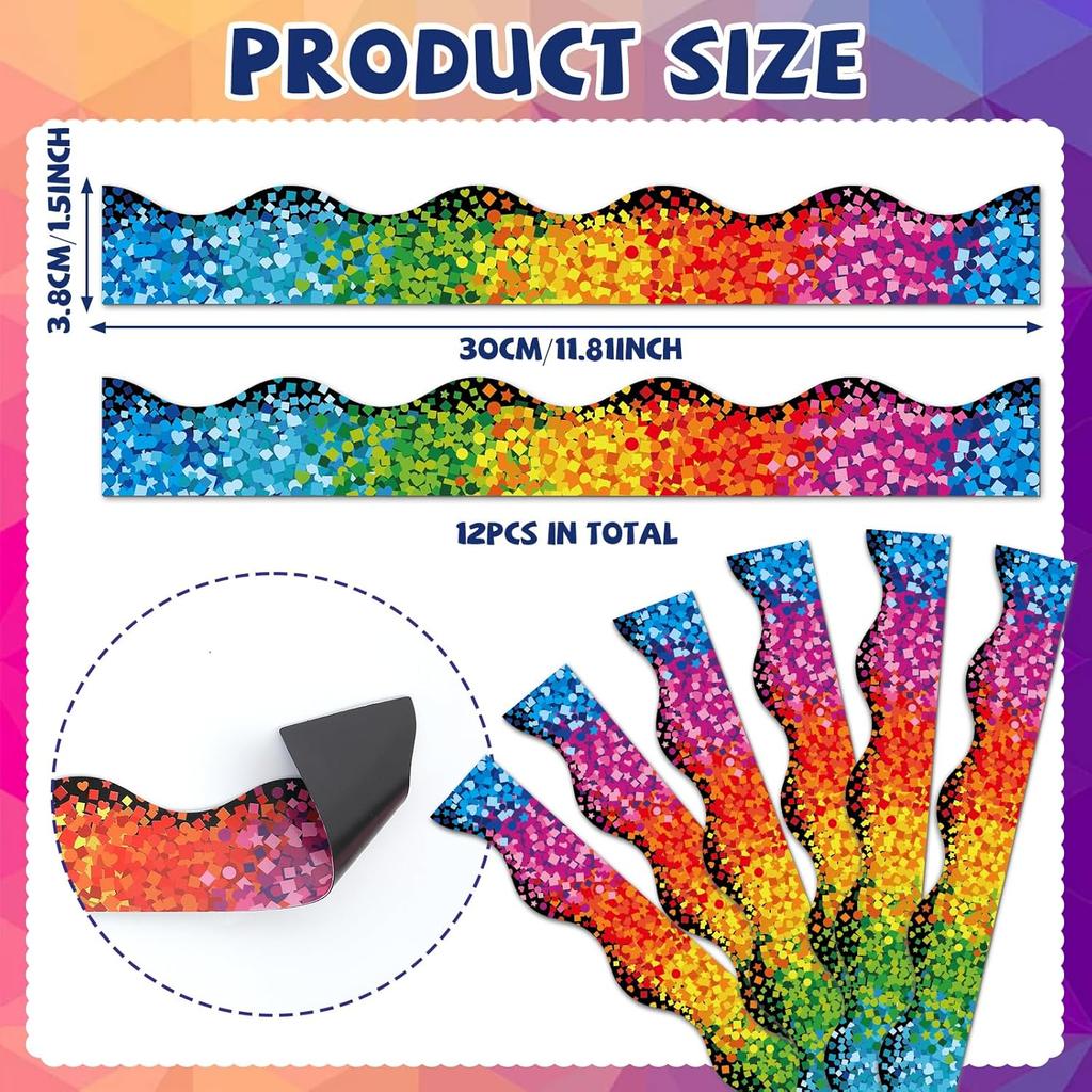 12Pcs Confetti Magnetic Bulletin Board Borders for Classroom Decorations Whiteboard Strips Colorful Scalloped Trim Magnetic Borders for Back To