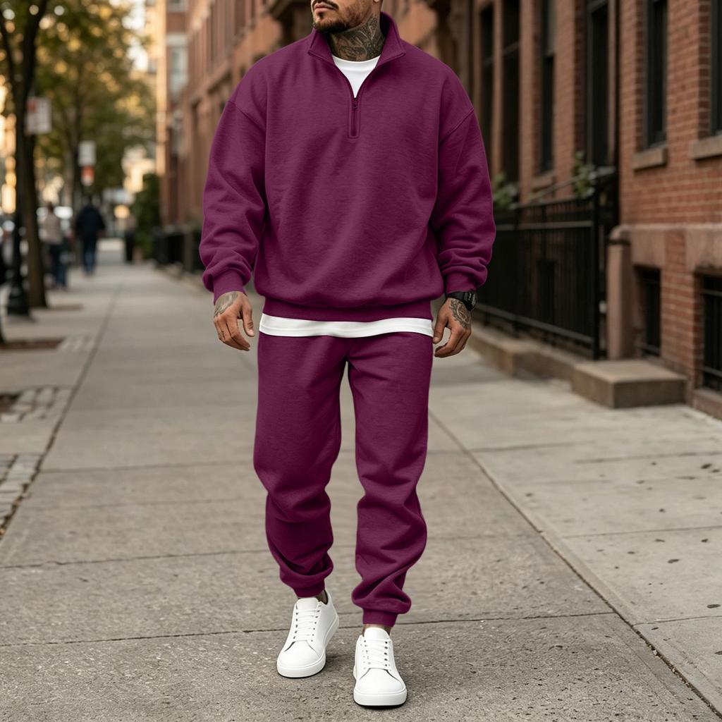 Men's -Lined Stand Collar Sweatshirt Set, Casual Loose 2-Piece Outfit for Fall and Winter