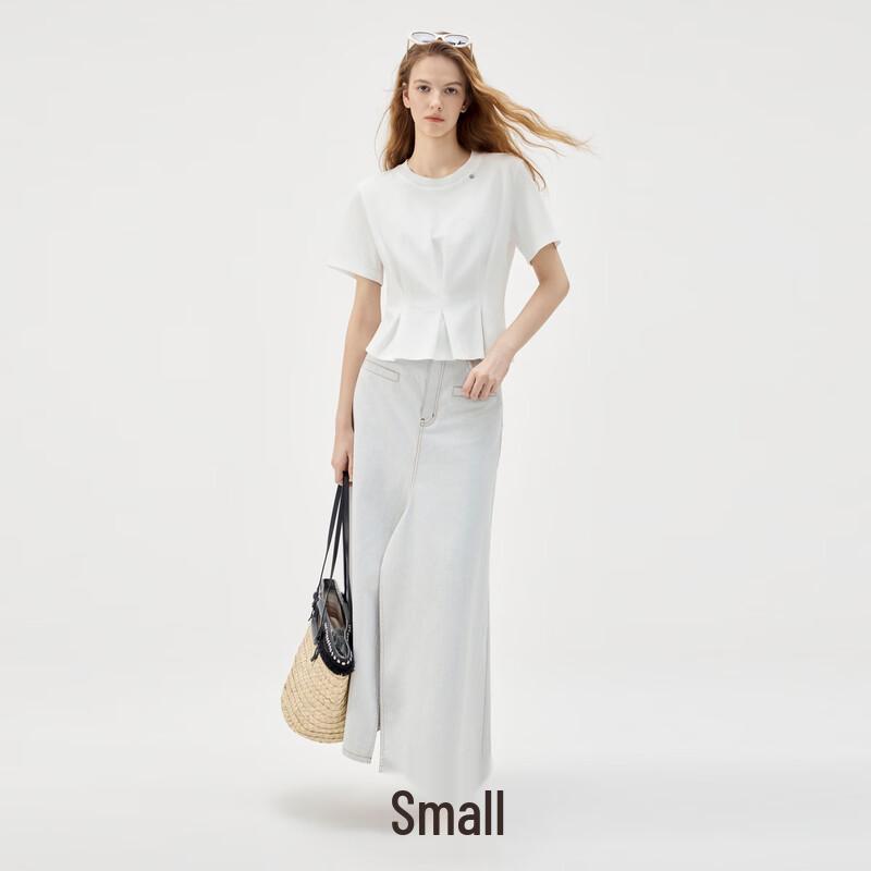 ELLE Women's French Pinch Pleat Round Neck Short Sleeve T-Shirt