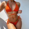 European and American Beach Solid Color Bikini Sexy Three-point Lace-up Split Swimsuit Women's Big Chest Huludao Swimsuit