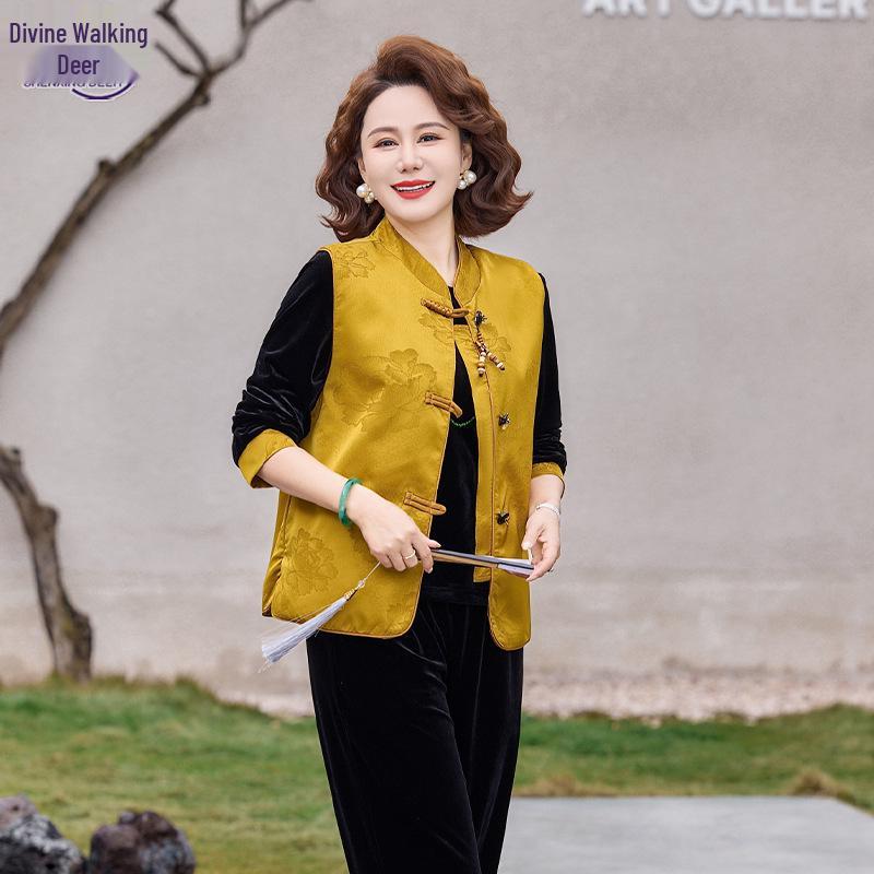 

Chinese Style Gold Velvet Plus Size Set for Middle-Aged & Elderly Women - Spring & Autumn Vest for Mother-in-Law Wedding Banquet 4XL