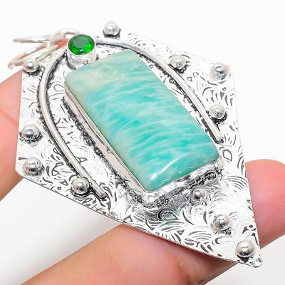 Natural Amazonite, Diopside Gemstone 925 Sterling Silver Pendant 3.03" K9l13