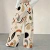 Women Plus Size Beige Abstract Printed Drawstring Loose Straight Leg Full Length Pants