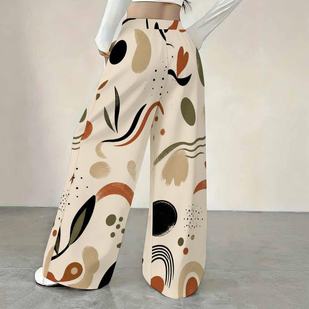 Women Plus Size Beige Abstract Printed Drawstring Loose Straight Leg Full Length Pants