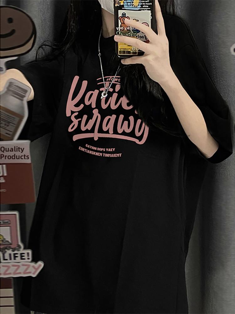 Bla Oversize Loose Cotton Ort Sve T-irt Women's Summer 2023 Sle Korean Round Ne Print Casual Faion Top