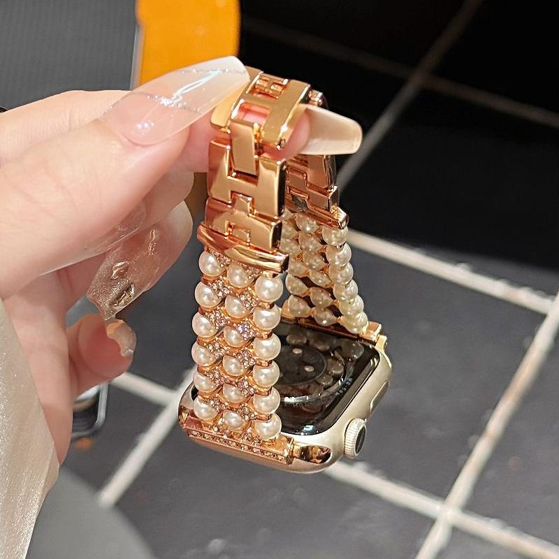 Pearl Metal Strap for Apple Watch Band 49 46 45 44 42 41 40 38mm Women Jewelry Diamond Bracelet Correa for iWatch S10 9 8 7 6 SE