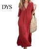Lightweight Women Dress Summer Deep V Neck Three Quarter Sleeves Ankle Length Solid Color Thin Loose Side Slit A-line Casual Daily Vacation Beach Maxi