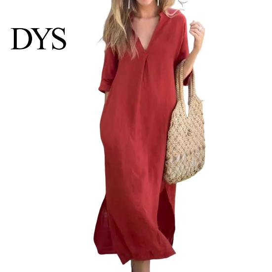Lightweight Women Dress Summer Deep V Neck Three Quarter Sleeves Ankle Length Solid Color Thin Loose Side Slit A-line Casual Daily Vacation Beach Maxi