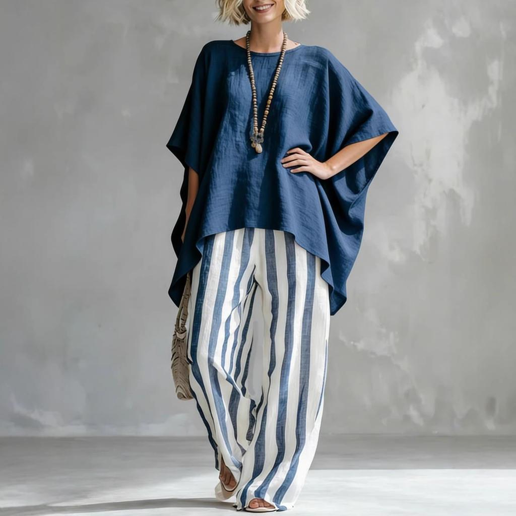 2026 Amazon European and American Cross-border Women's Clothing Spring and Summer Loose Cotton and Linen Bat Sleeve T-shirt Cape Casual Suit