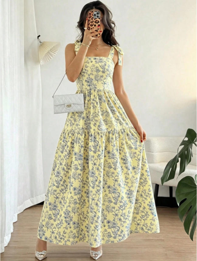 European and American, French elegant floral summer long dress sleeveless V-neck dress S жёлтый