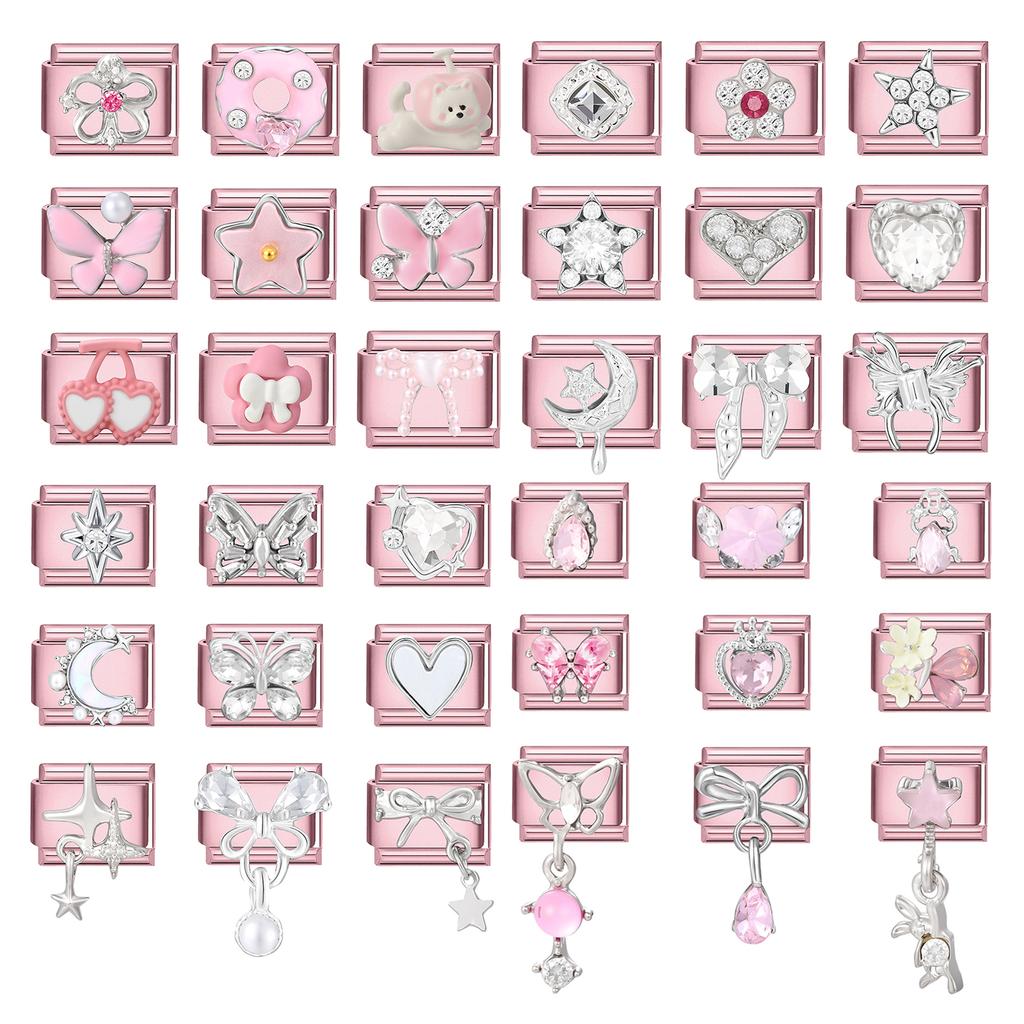 Fashion Zircon Pink Butterfly Star Bow Flower Rabbit Italian Charm Links Fit 9MM Stainless Steel Bracelet Women DIY Making Gift