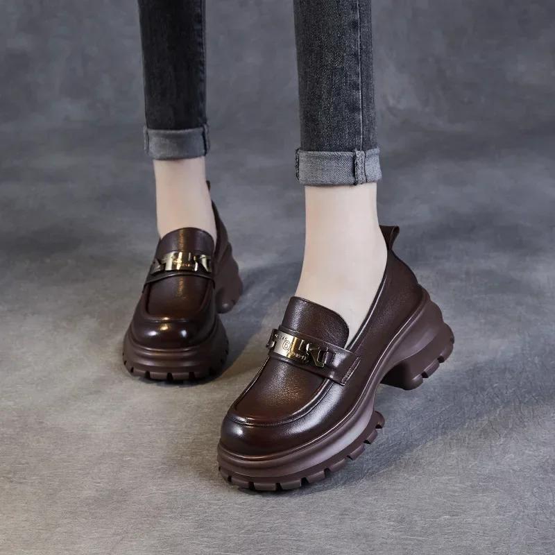 6CM Genuine Cow Leather Loafers Women 2024 Autumn New Design Pumps Round Toe Metal Thick High Heel Chunky Platform Shoes