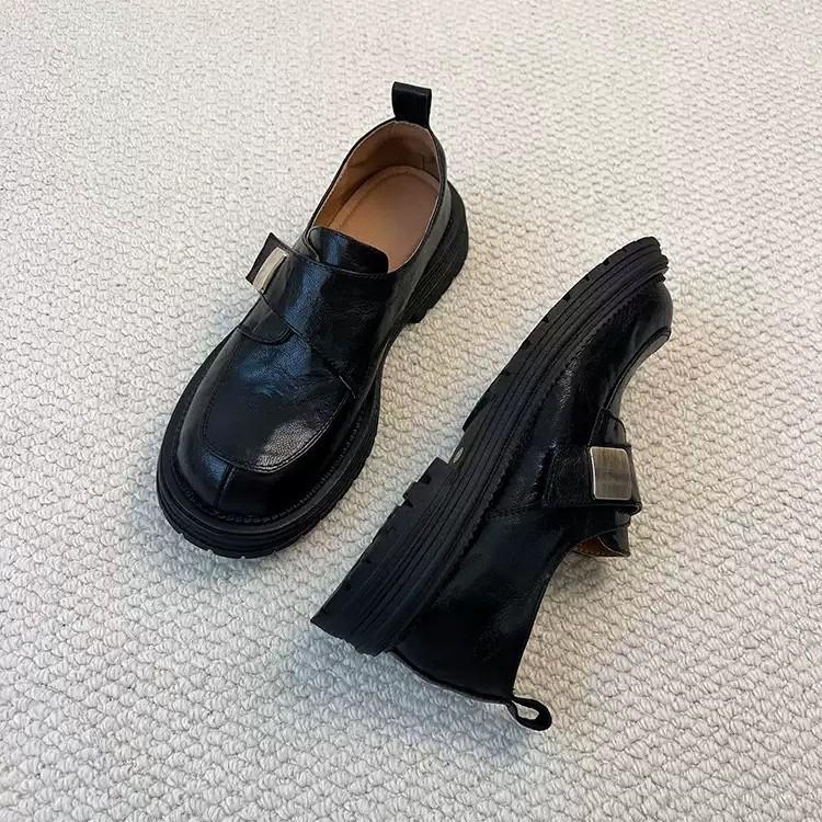 Sheepskin version~ thick-soled Velcro leather loafers women's British style thick heel deep mouth single shoes black jk small leather shoes