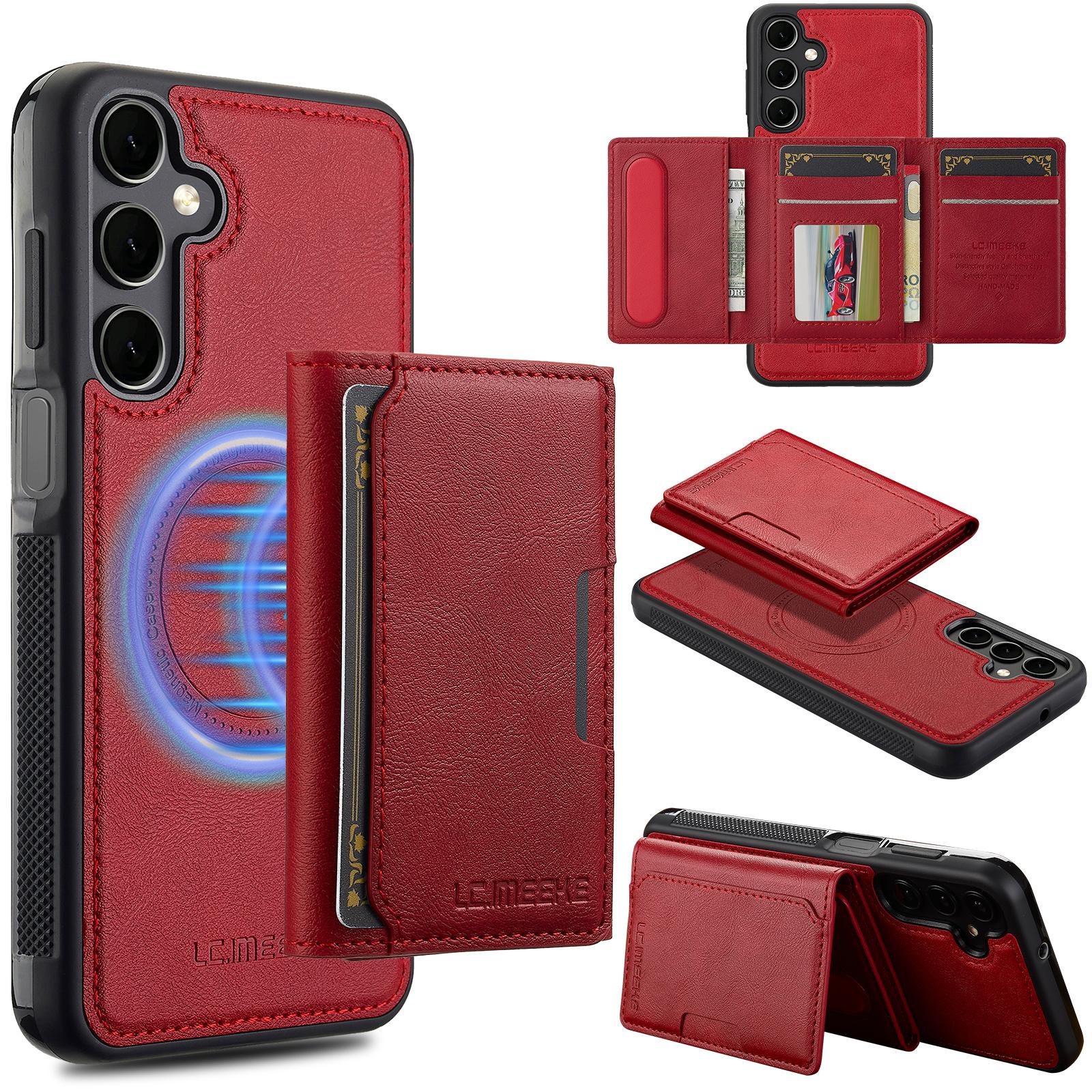 

For Samsung Galaxy A35 5G Magnetic Phone Case Leather Back Cover with Detachable Card Holder Red
