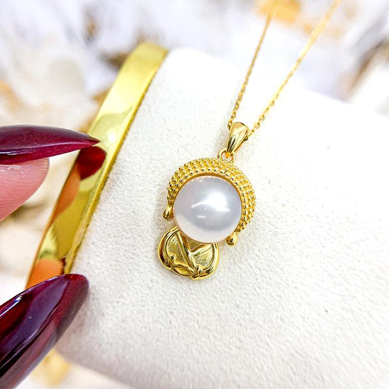 Silver Tone Round Pearl Pendant Necklace for Women, Buddha-Inspired Elegant Statement Jewelry