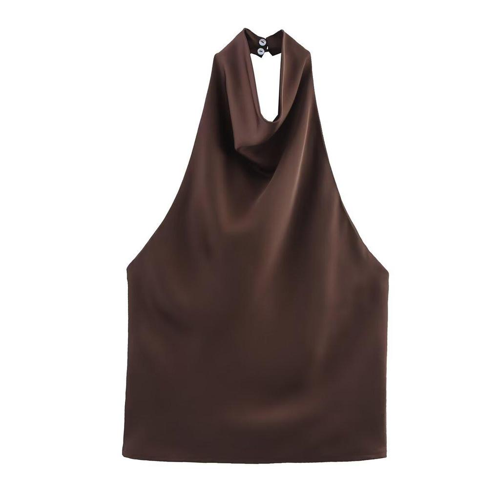 Sophisticated 2025 Summer Silk Satin Halter Neck Top – European & American Style