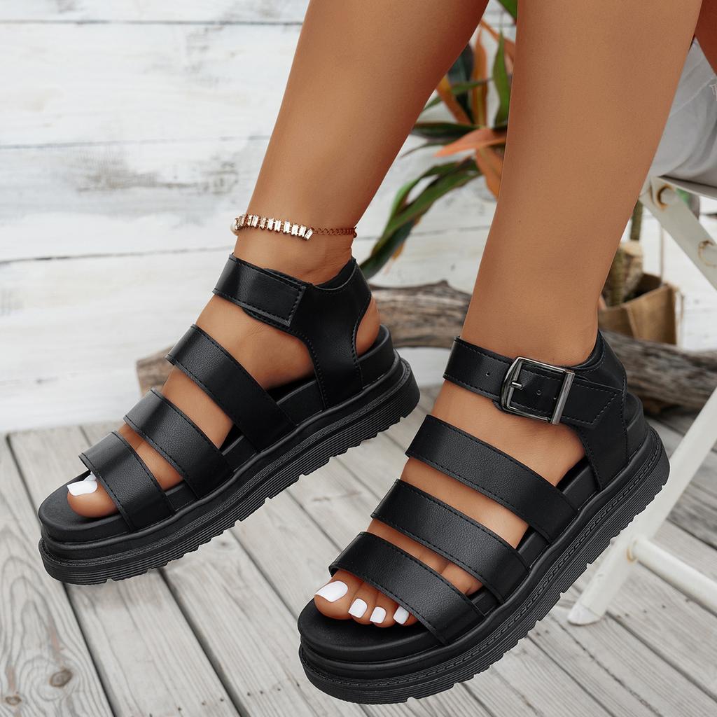 Sandales Plates Mode Femme Nouvelle Tendance Bout Ouvert Compensées Chaussures Femme Été Plage Sandales Sexy Femme Grande Taille Cuir Sandales Grande Taille