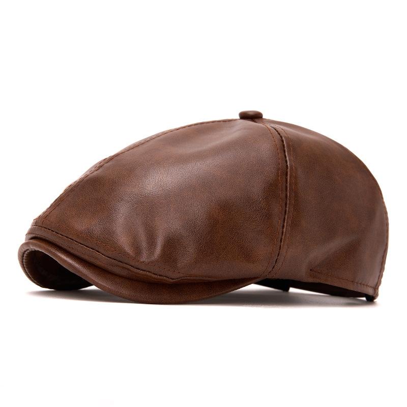 Autumn Winter Leather Warm Forward Hat Men's Vintage Paintsman Hat Beret Cap