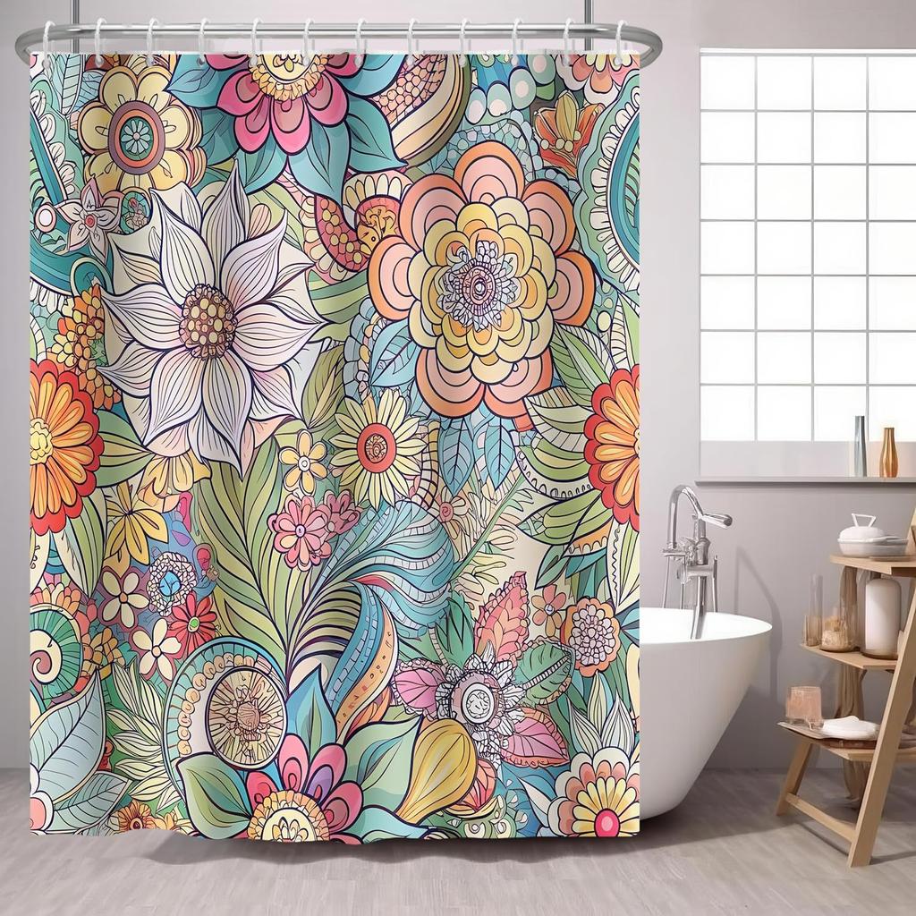 Boho Flower Shower Curtain Mandala Floral Vintage Flower,Pink Blue Bright Petal Leaves Farmhouse Fabric Shower Curtains Bathroom