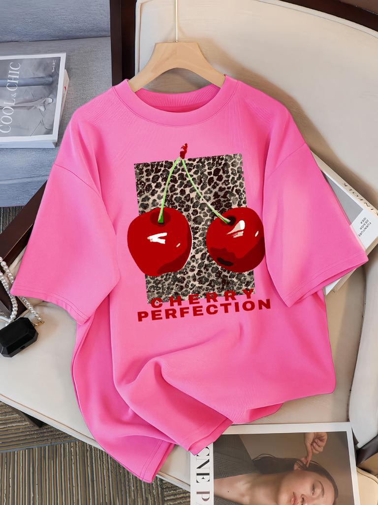 Fashion Leopard And Cherry Perfection Pattern T Shirt Women Summer Soft Tops Cotton All-Match Short Sleeve O-Neck Loose T-Shirts