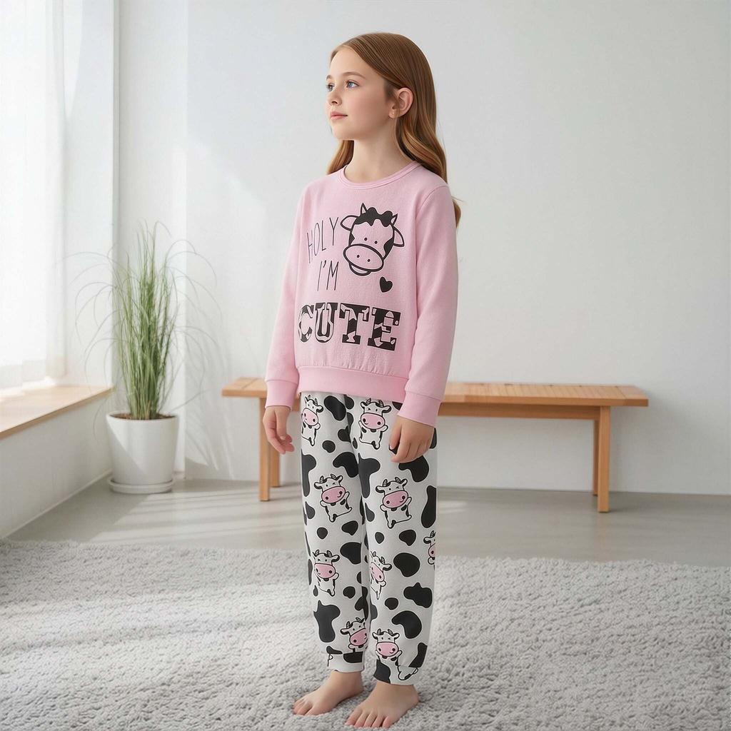 Little Girl 2PCS Set 1-8 Years Old Pink Sweatshirt and Cow Print Long Pants Kids Casual Daily Wear or Pajamas Set