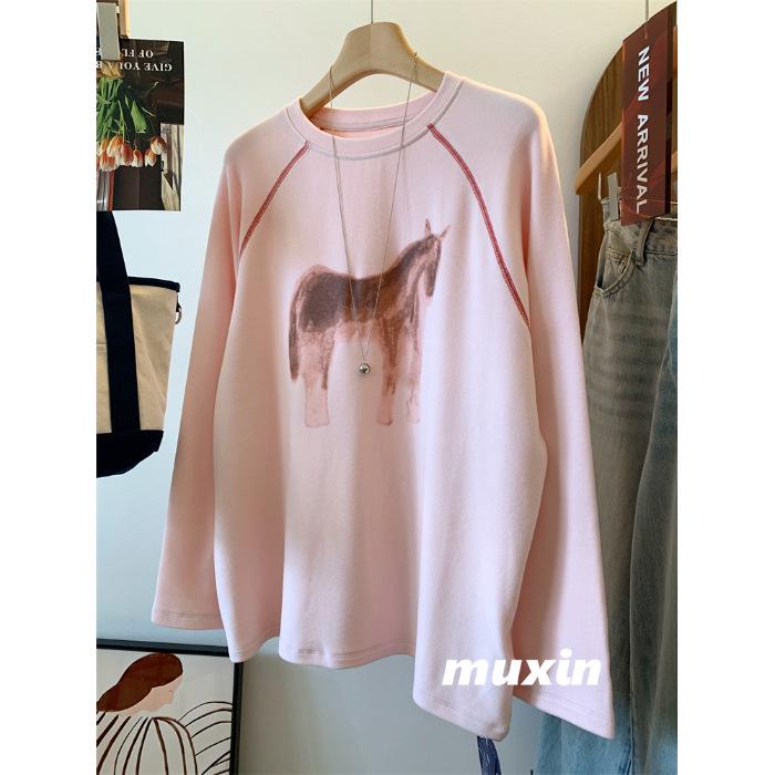 

2026 Spring Plus Size Raglan Sleeve Little Horse T-shirt - Women s Loose Casual Warm Base Layer 2XL розовый