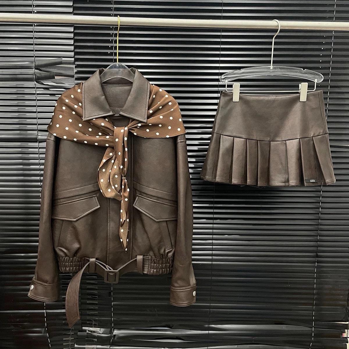 Spring 2026 Women s Retro Polka Dot Silk Scarf Leather Jacket & Skirt Set Large