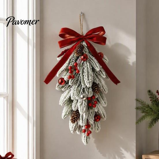 Staircase Handrail Christmas Garland Flocked Teardrop Swag for Front Door, Artificial Pine with Red Decorative Hanging Wreath Wall Berries Velvet Bow,