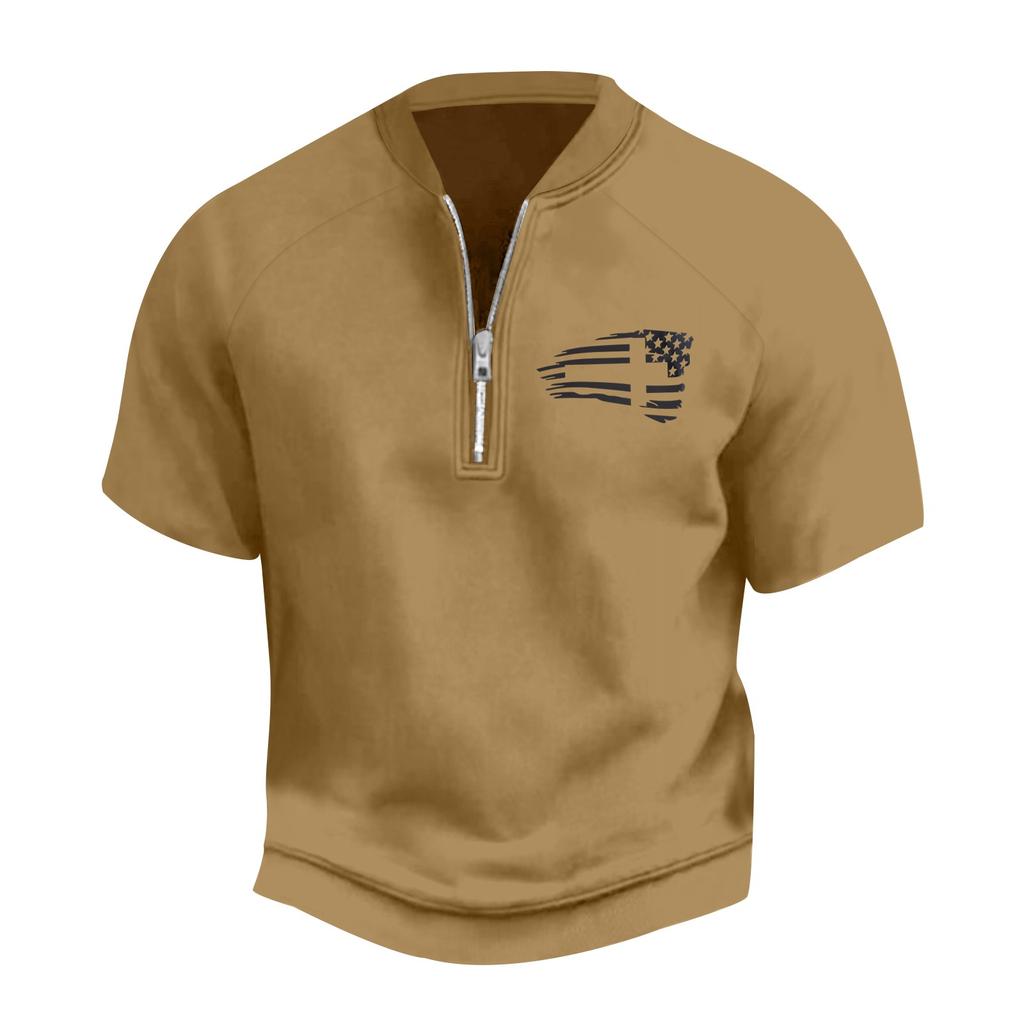 Pánské letní vintage tričko na poloviční zip s potiskem vlajky Dne nezávislosti a krátkým rukávem