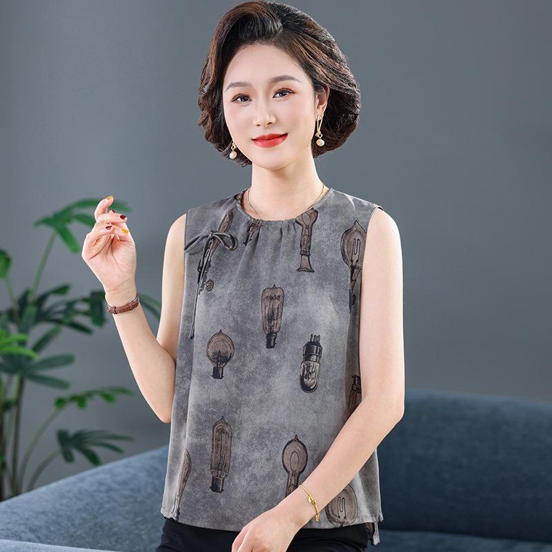 

2026 Summer French Retro Loose Casual Imitation Silk Printed Sleeveless Vest for Middle-aged and Elderly Women 4XL (70-80kg) сірий колір