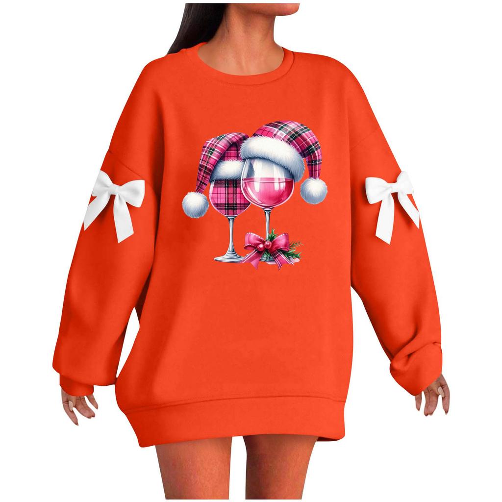 Ladies' Christmas Printed Bow Round Neck Long Sleeved Loose Pullover Sweater Sweatshirt Top