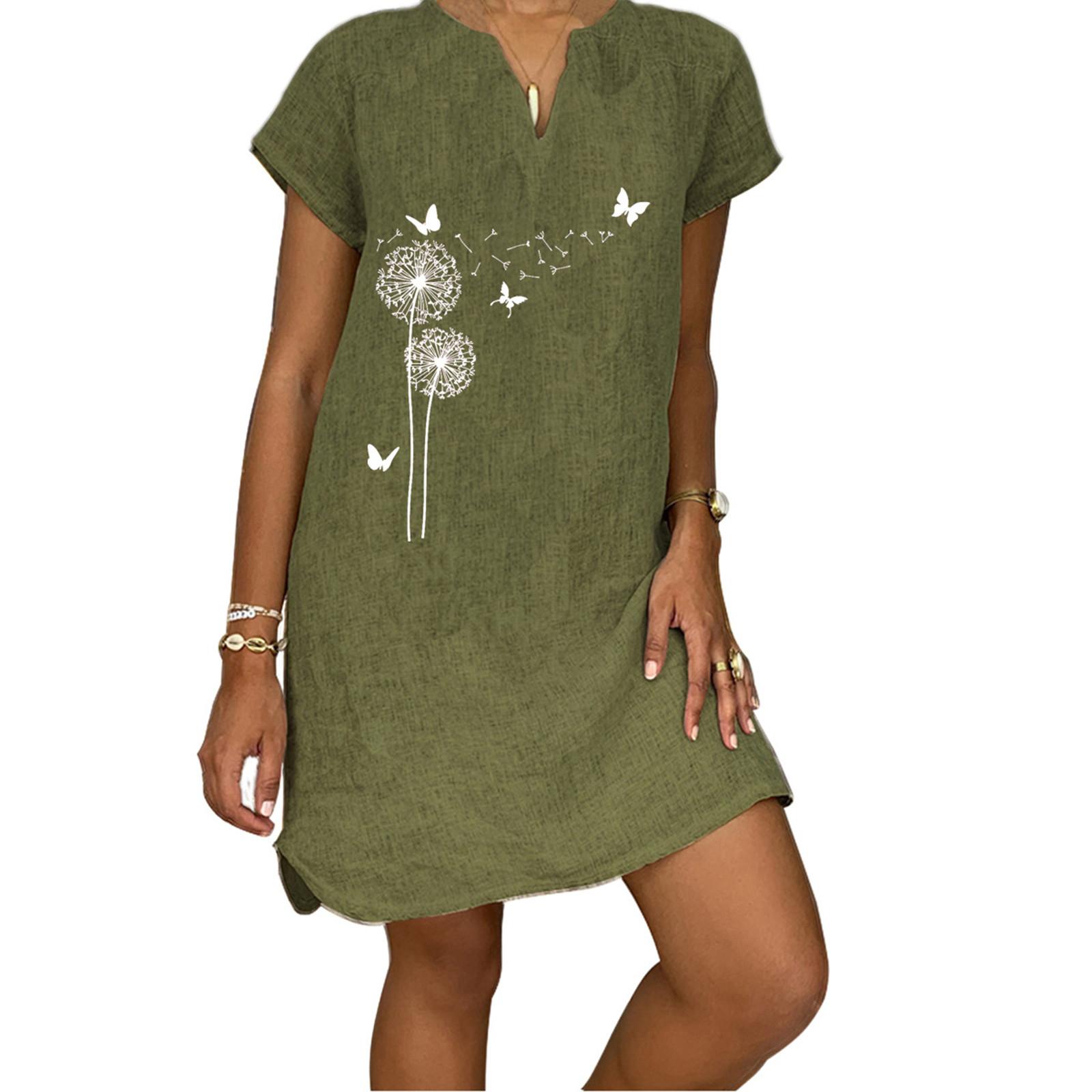 Women s Summer Casual Fashion Print Short-sleeve V-neck Loose Cotton Linen Dress XXXXXL
